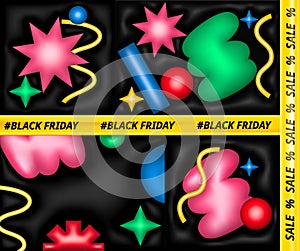 Y2k Style 3d Colorful Geometric Shapes on Black Background. Vector Memphis Futuristic Pattern. Modern Graphic Design for