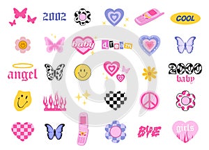 Y2k style icons. Glamorous trendy doodles set. 90s and 2000s style. Vector