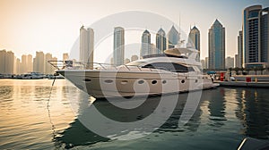 The yacht against the background of skyscrapers floats. Dubai