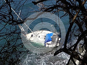 A yacht aground on a reef in the Caribbean