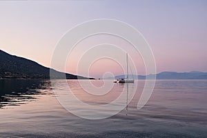 Yacht Anchored in Gulf of Corinth Bay at Dawn, Greece