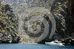 Yacht anchored near coast photo