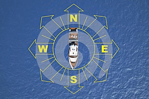 yacht on the arrows with the designation of cardinal points top view