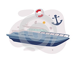 Yacht as Watercraft or Swimming Water Vessel with Anchor and Lifebuoy Vector Composition