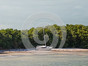 Yacht ashore, shipwreck, parked boat on a beach on Holbox island