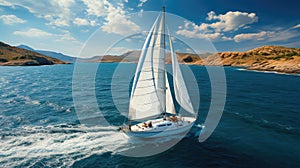 Yacht and blue water ocean, Sailing luxury yacht at open sea at sunny day