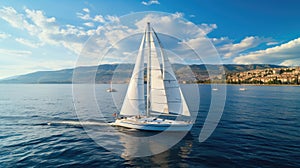 Yacht and blue water ocean, Sailing luxury yacht at open sea at sunny day