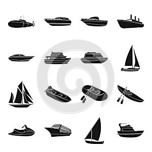 Yacht, boat, liner, types of ship and water transport. Ship and water transport set collection icons in black style