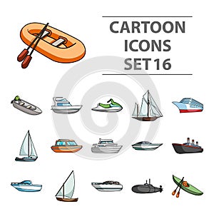 Yacht, boat, liner, types of ship and water transport. Ship and water transport set collection icons in cartoon style