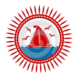 Yacht boat on waves and seagulls vector icon