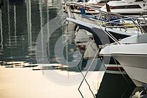 Yacht boats in harbor during sunset