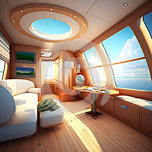 Yacht cabin illuminated by sunlight. Sofa, table, globe. Generative AI content.