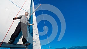 Yacht captain with a beard stands on sail boom on a sailing yacht, holding the rope in his hand and smiling, feeling