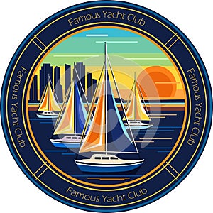 Yacht club emblem, sailboats on water, vector emblem isolated on white background