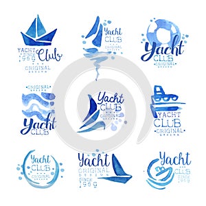 Yacht club since 1969 logo original design set, elements company logo, business identity blue watercolor vector