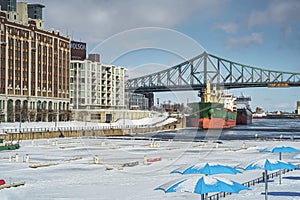 The yacht club marina fishing on ice in the Montreal Old Port