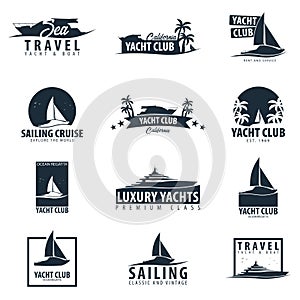 Yacht club and sailing sport logo, labels, emblems and design elements. Sea travel. Vector illustration.