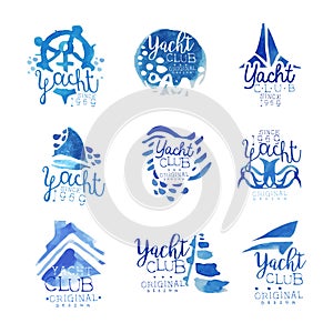 Yacht club, sailing sports or marine travel vector Illustrations for stickers, banners, cards, advertisement, tags