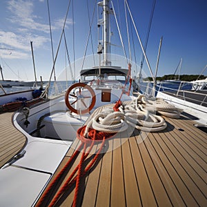 Yacht deck with lifebuoy sail, ropes and wheel. AI generative.