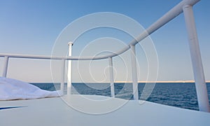 The yacht deck during sailing on a beautiful blue sea