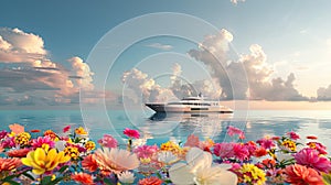 a yacht festivity with the deck adorned in vibrant flowers, set against the backdrop of tranquil waters reflecting the