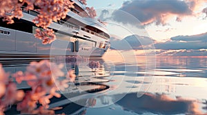 a yacht festivity with the deck adorned in vibrant flowers, set against the backdrop of tranquil waters reflecting the