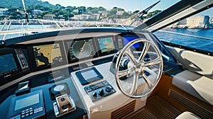 Yacht fly bridge open deck modern and luxury equipped. Generative Ai photo