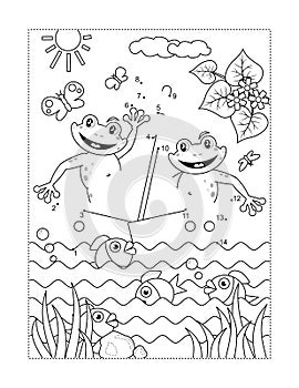 Yacht with frogs dot-to-dot picture puzzle and coloring page