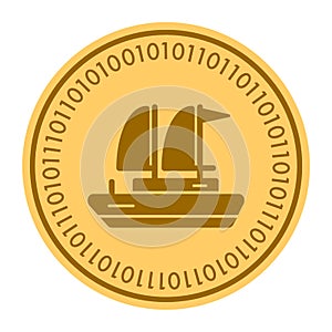 Yacht golden digital coin icon. Vector style is a gold yellow flat coin cryptocurrency symbol.