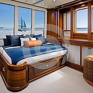 A yacht-inspired home with a nautical theme, a ship wheel, and porthole windows4, Generative AI