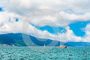 Yacht in the Kotor bay, Montenegro. Summer landscape