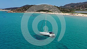 Yacht on lagoon at sunny day. Sailing boat. Yacht in the sea, aerial photography drone. Amazing yacht or sailing boat with a