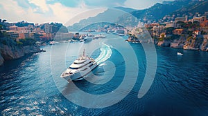 yacht making its grand entrance into Monaco, surrounded by sparkling waters, under the bright morning sun photo