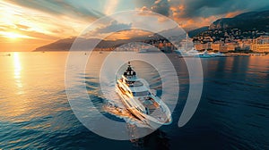 yacht making its grand entrance into Monaco, surrounded by sparkling waters, under the bright morning sun photo