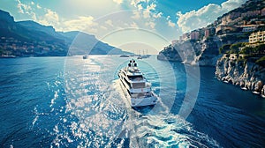 yacht making its grand entrance into Monaco, surrounded by sparkling waters, under the bright morning sun photo