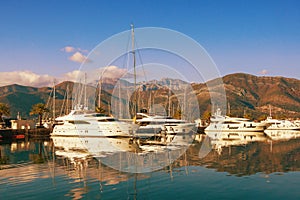 Yacht marina in Adriatic. Montenegro, Bay of Kotor, Tivat city. View of Porto Montenegro marina