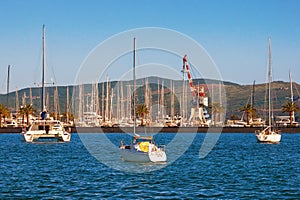 Yacht marina in Adriatic. Montenegro, Bay of Kotor, Tivat city. View of Porto Montenegro on sunny day