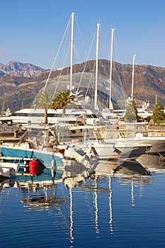 Yacht marina in Adriatic. Montenegro, Bay of Kotor, Tivat city. View of Porto Montenegro on sunny winter day