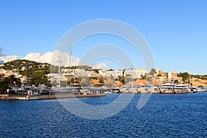 Yacht marina at harbour Puerto Portals in Portals Nous and Mediterranean Sea, Majorca