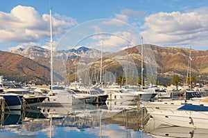 Yacht marina Porto Montenegro on sunny autumn day.  Montenegro, Tivat city