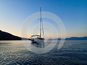 Yacht Moored in Bay, Dawn to Sunrise Light, Greece