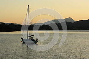 Yacht moored on lake Te Anau in Fjordland National Park