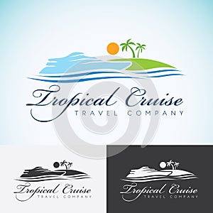 Yacht, Palm trees and sun, travel company logo design template. sea cruise, tropical island or vacation logotype icon