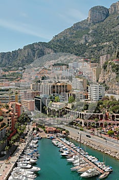 Yacht parking in sea bay, city and mountains. Monte Carlo, Monaco