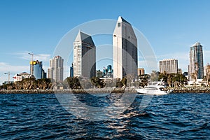 A Yacht Passes by the Downtown San Diego Skyline