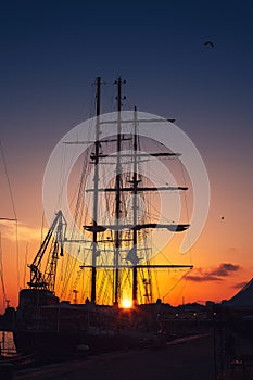 Yacht port and beautiful sunset over Varna, Bulgaria. Sailboat harbor