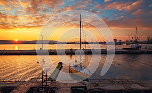 Yacht port and beautiful sunset over Varna, Bulgaria. Sailboat harbor