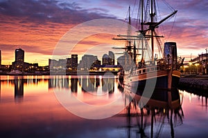 Yacht in the port of Rotterdam at sunset, Holland, Buenos Aires, Puerto Madero at Night, AI Generated