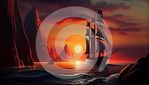 Yacht sailing against sunset. Holiday lifestyle landscape with skyline sailboat and two seagull. Yachting tourism -