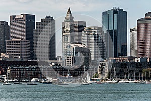 Yacht and sailing boats on Charles River in front of Boston Skyline in Massachusetts USA on a sunny summer day